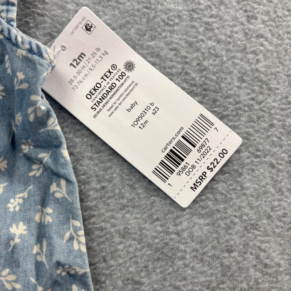 Carters Baby‎ Girls Blue Floral Denim Ruffle Romper Jumpsuit 12 Months - Picture 4 of 6